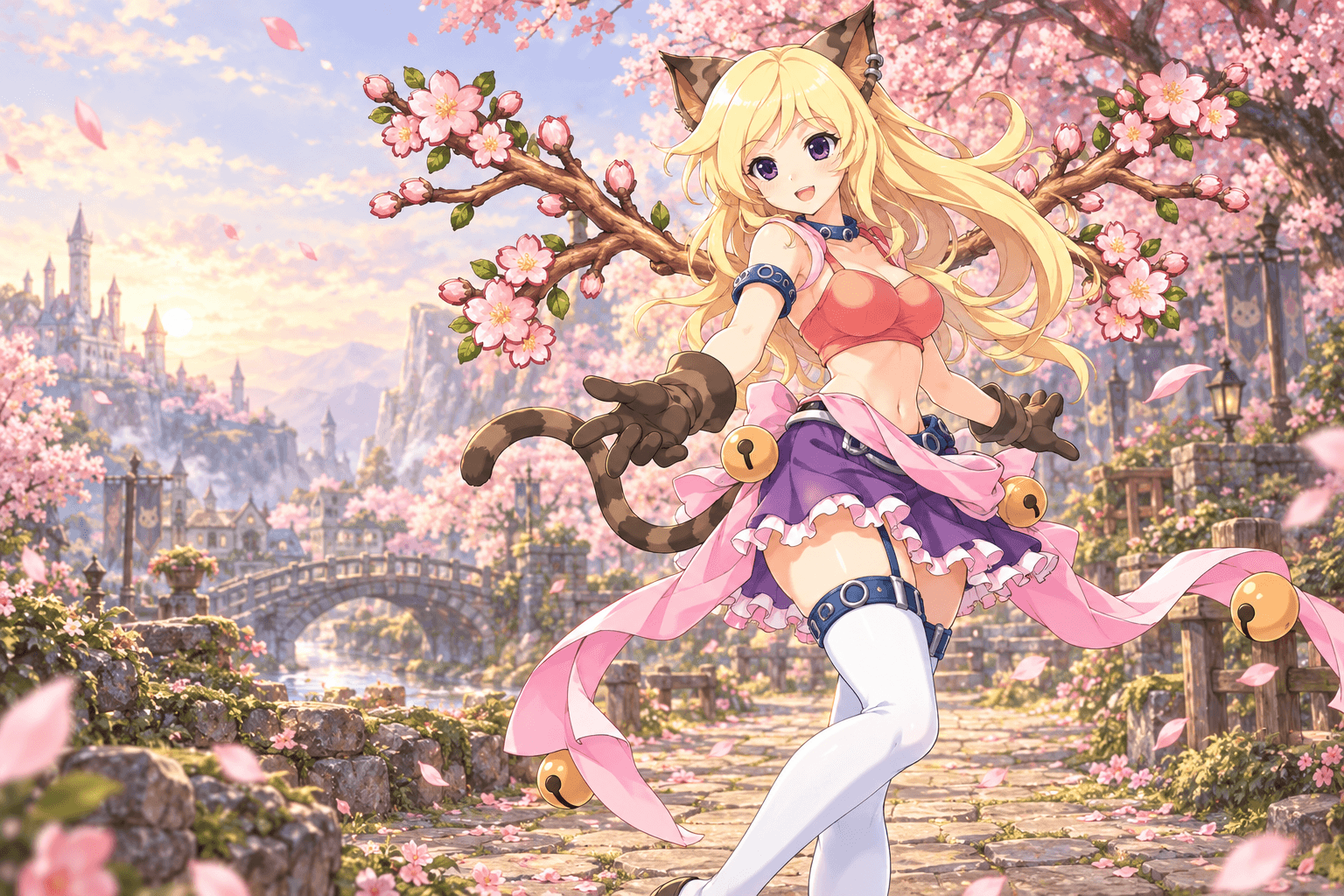 ภาพอิลลัสแมวสวมปีกซากุระ ท่ามกลางสวนซากุระ